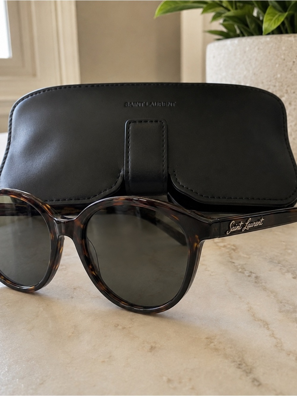 Saint Laurent Tortoiseshell Frame Sunglasses with Black Lenses